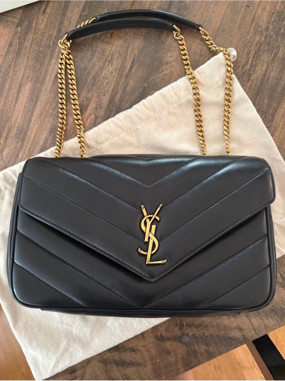 Saint Laurent Black Quilted Leather Shoulder Bag with Gold Chain
